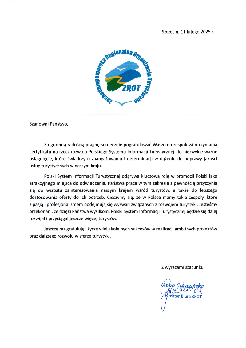 Certyfikat Polskiego Systemu Informacji Turystycznej